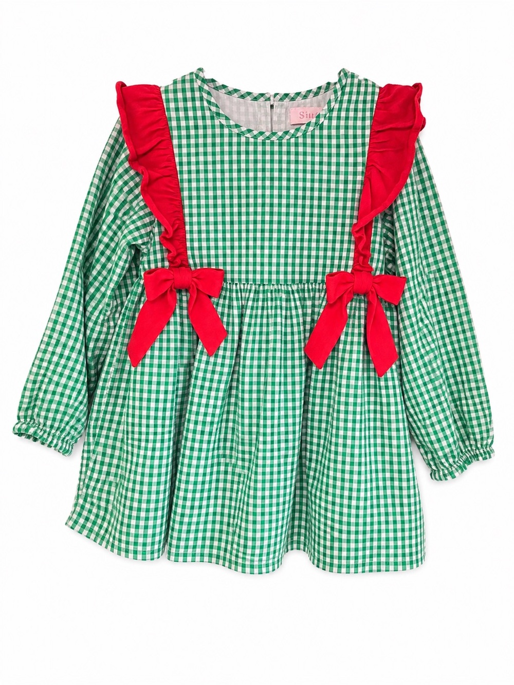 Stitchy Fish Girls Size 7 Green Gingham Christmas Bow Ruffle Top